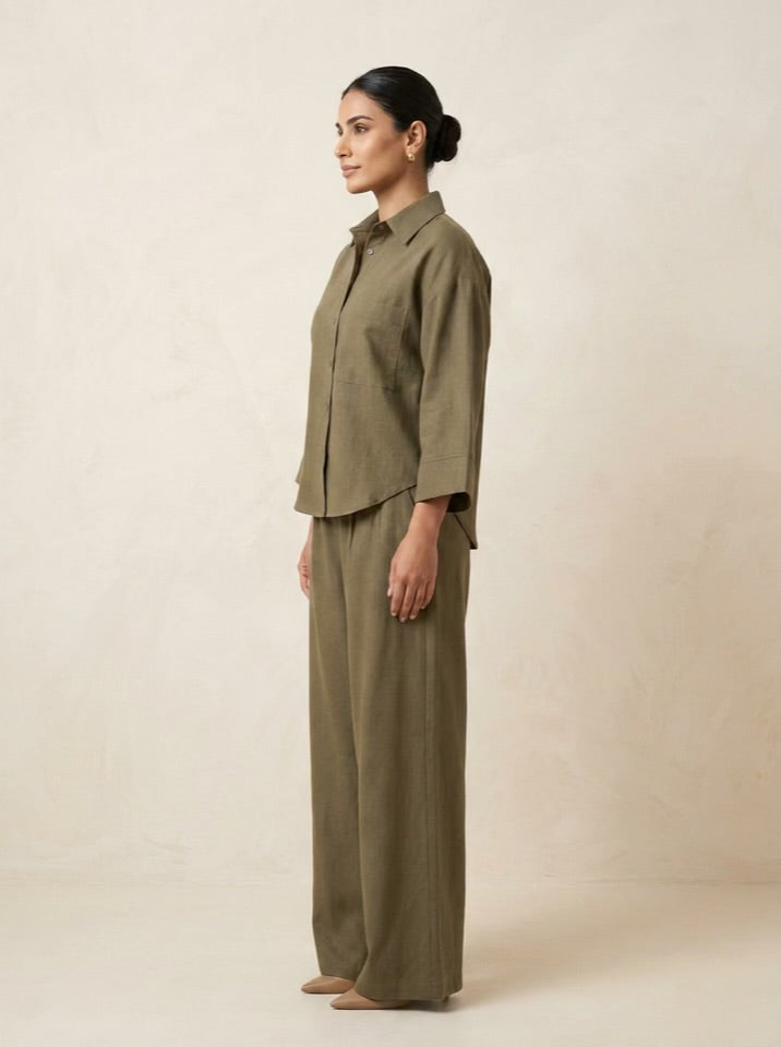 The Verona Linen Wide-Leg Pants - Olive