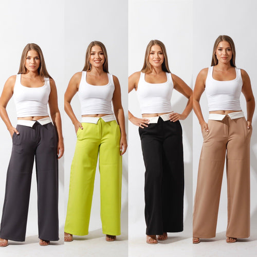 Reversed Waistband Wide Leg Pants - Beige - GIFTSNY.US- Hushy Wear