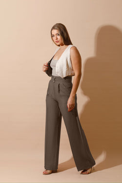 Linen-blend Double-Faced Vest & High Waist Trouser Pant - Brown/Beige