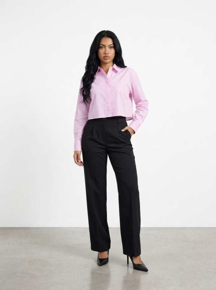 [BUNDLE] Pink Pinstripe Cropped Shirt and Pleated Black Pants