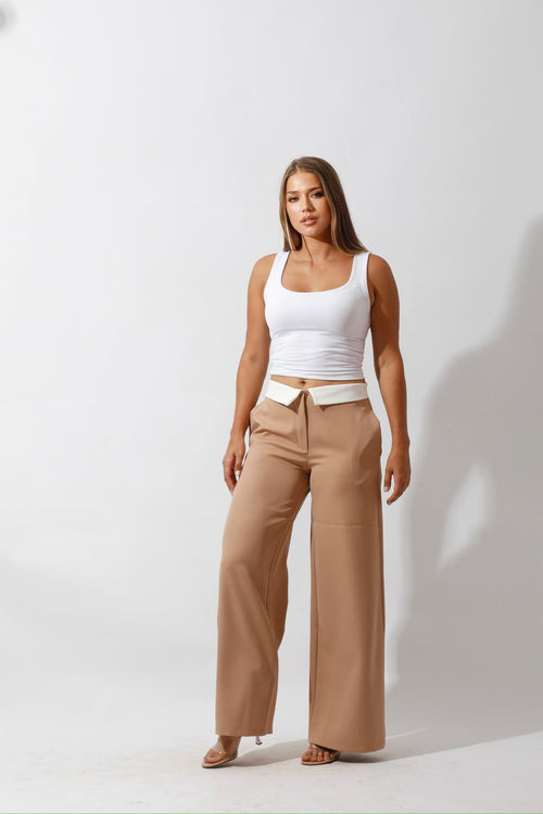 Reversed Waistband Wide Leg Pants - Beige - GIFTSNY.US- Hushy Wear