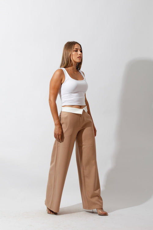 Reversed Waistband Wide Leg Pants - Beige - GIFTSNY.US- Hushy Wear