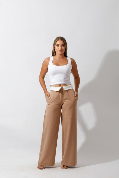 Reversed Waistband Wide Leg Pants - Beige - GIFTSNY.US- Hushy Wear