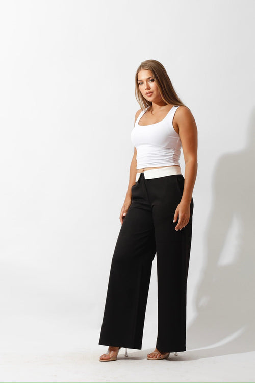 Reversed Waistband Wide Leg Pants - Black - GIFTSNY.US- Hushy Wear