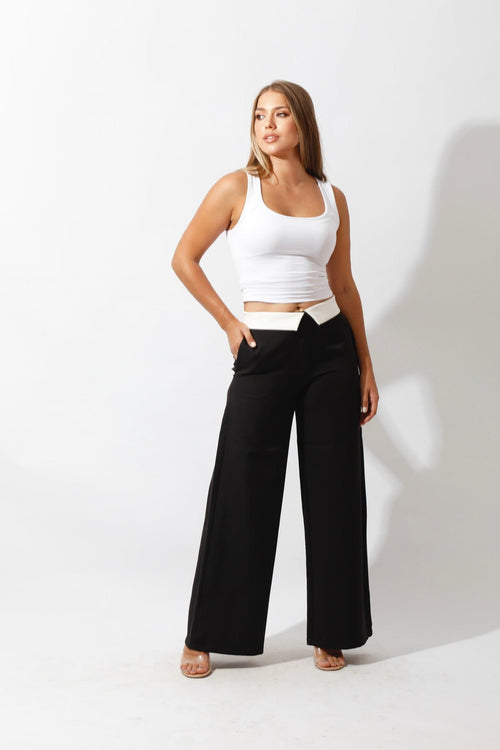 Reversed Waistband Wide Leg Pants - Black - GIFTSNY.US- Hushy Wear