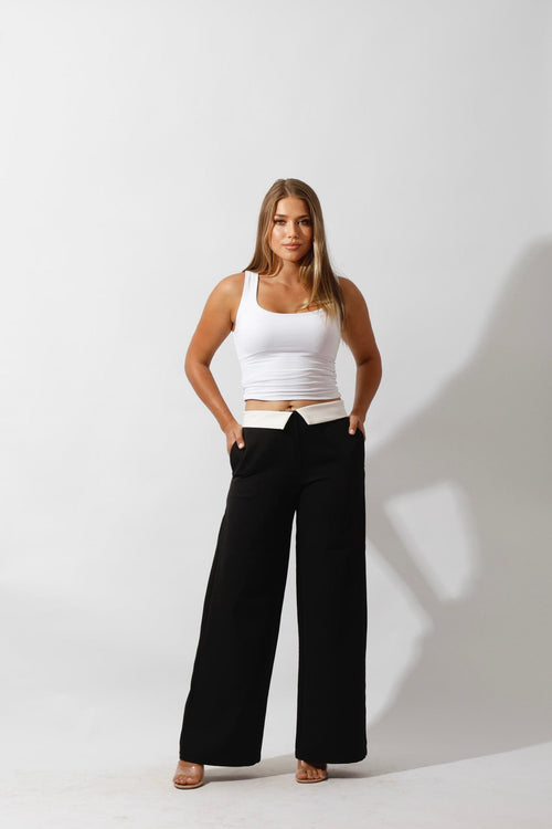 Reversed Waistband Wide Leg Pants - Black - GIFTSNY.US- Hushy Wear