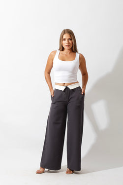 Reversed Waistband Wide Leg Pants - Gray - GIFTSNY.US- Hushy Wear