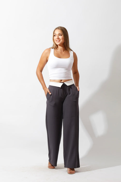 Reversed Waistband Wide Leg Pants - Gray - GIFTSNY.US- Hushy Wear