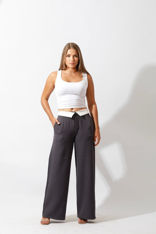 Reversed Waistband Wide Leg Pants - Gray - GIFTSNY.US- Hushy Wear