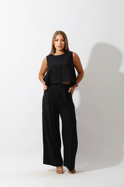 Sleeveless Tank Top & Wide Leg Pants Lounge Set - Black - GIFTSNY.US- Hushy Wear