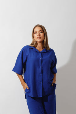 Shirt & Wide-Leg Pants Set - Royal Blue - GIFTSNY.US- Hushy Wear