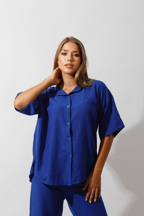 Shirt & Wide-Leg Pants Set - Royal Blue - GIFTSNY.US- Hushy Wear