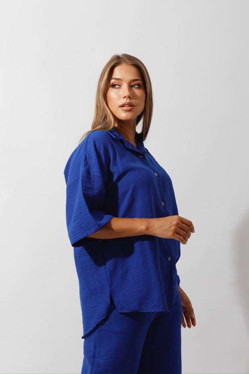 Shirt & Wide-Leg Pants Set - Royal Blue - GIFTSNY.US- Hushy Wear