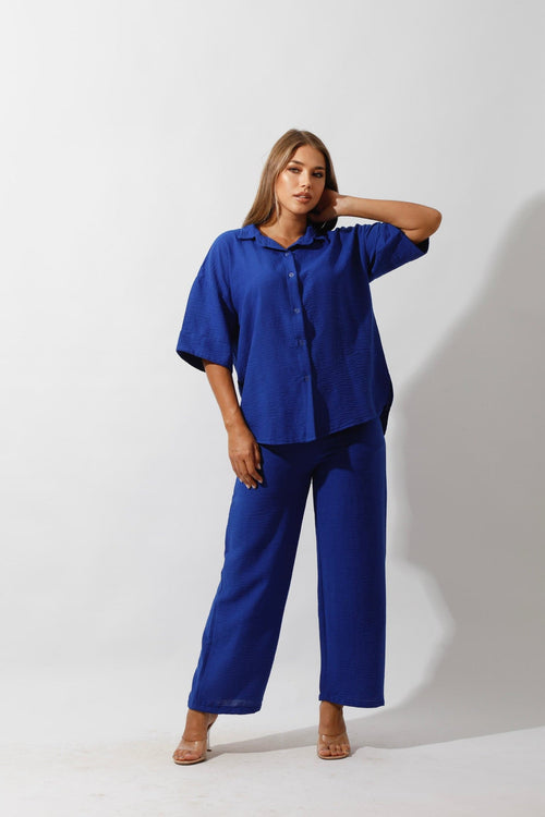 Shirt & Wide-Leg Pants Set - Royal Blue - GIFTSNY.US- Hushy Wear