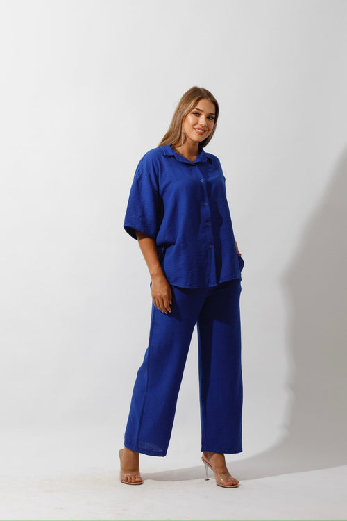 Shirt & Wide-Leg Pants Set - Royal Blue - GIFTSNY.US- Hushy Wear