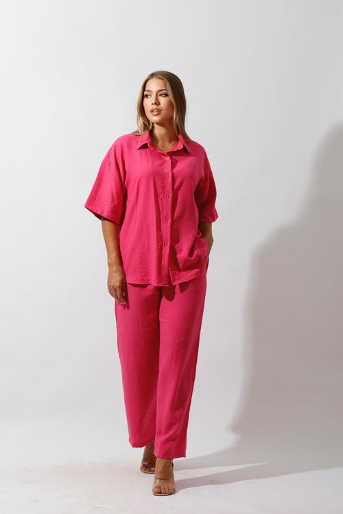 Shirt & Wide-Leg Pants Set - Pink - GIFTSNY.US- Hushy Wear