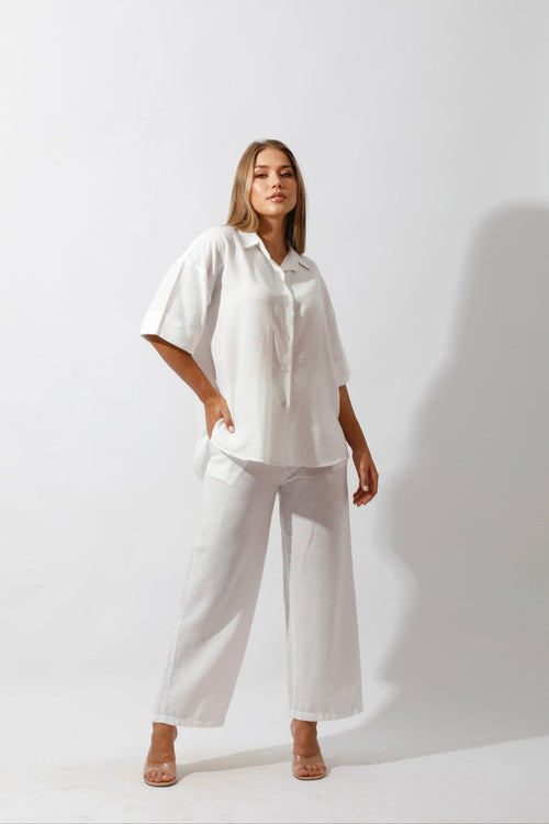 Shirt & Wide-Leg Pants Set - Offwhite - GIFTSNY.US- Hushy Wear