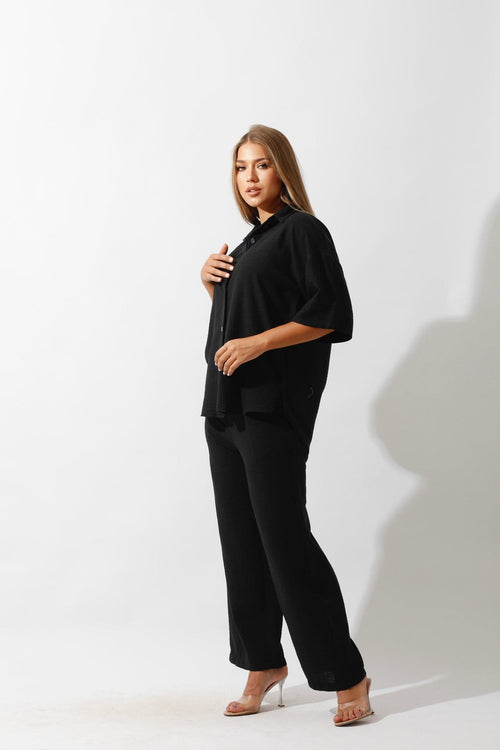 Shirt & Wide-Leg Pants Set - Black - GIFTSNY.US- Hushy Wear