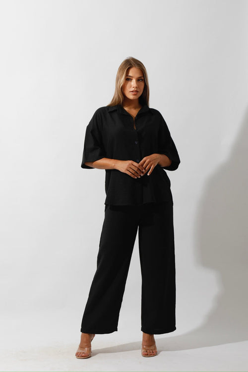 Shirt & Wide-Leg Pants Set - Black - GIFTSNY.US- Hushy Wear