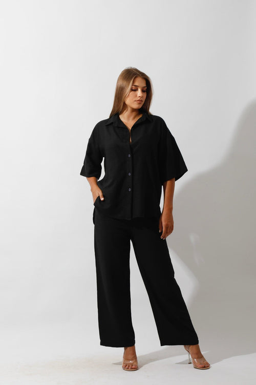 Shirt & Wide-Leg Pants Set - Black - GIFTSNY.US- Hushy Wear