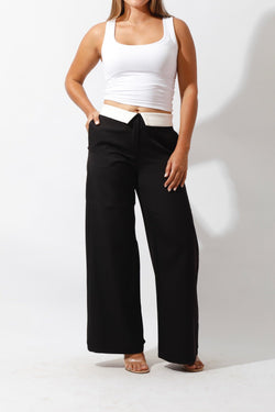 Reversed Waistband Wide Leg Pants - Black - GIFTSNY.US- Hushy Wear