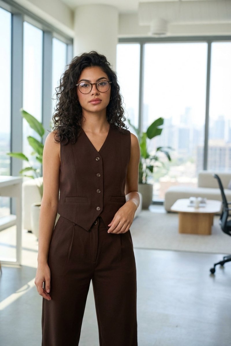 Brown Classic Vest & Pleated Straight Pants Set - Hushy Wear
