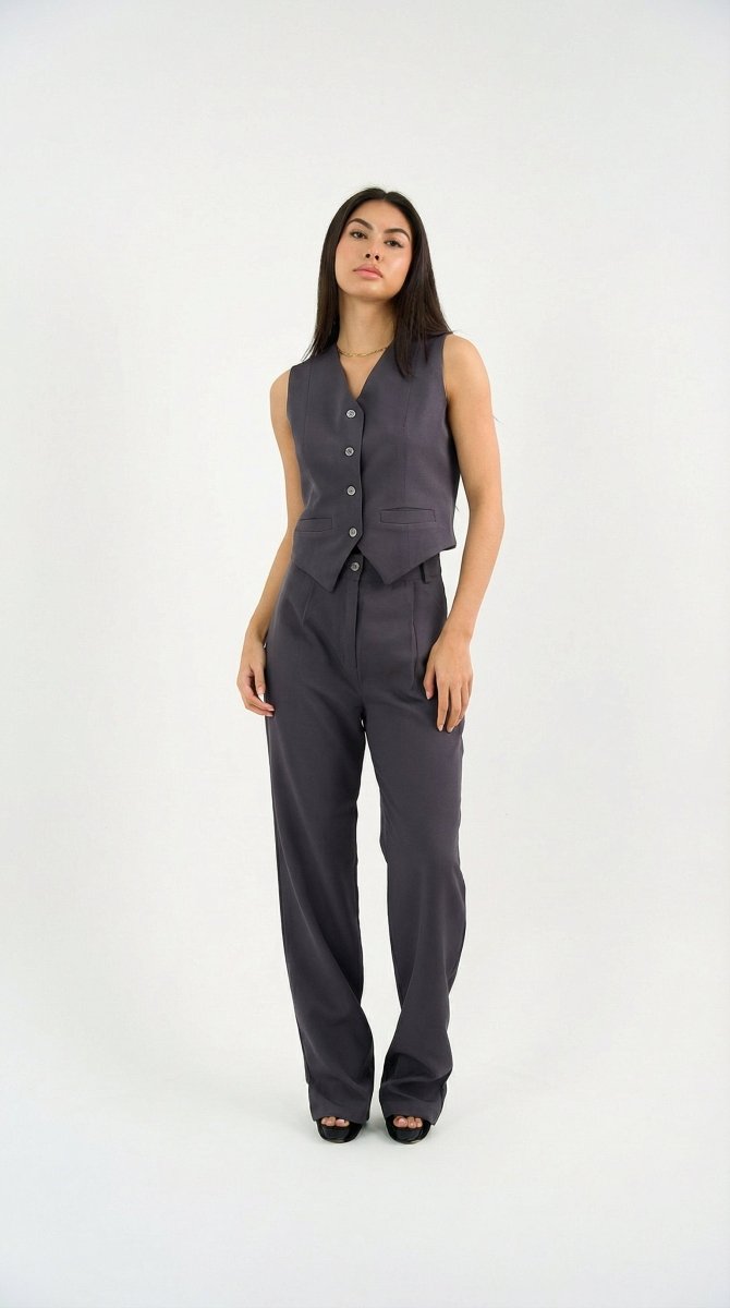 Gray Classic Vest & Pleated Straight Pants Set - Hushy Wear