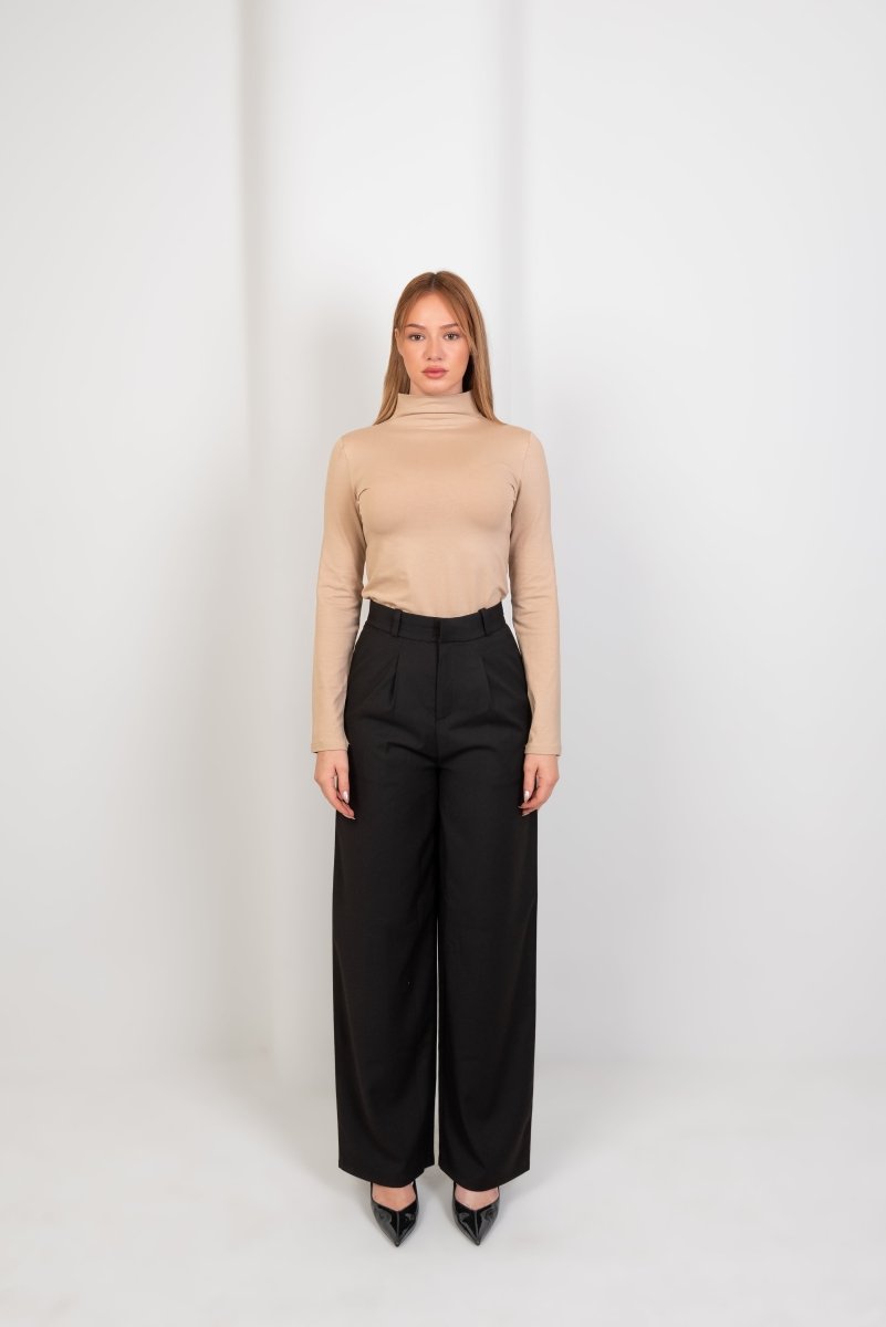 High - Neck Long Sleeve Top - Beige - Hushy Wear
