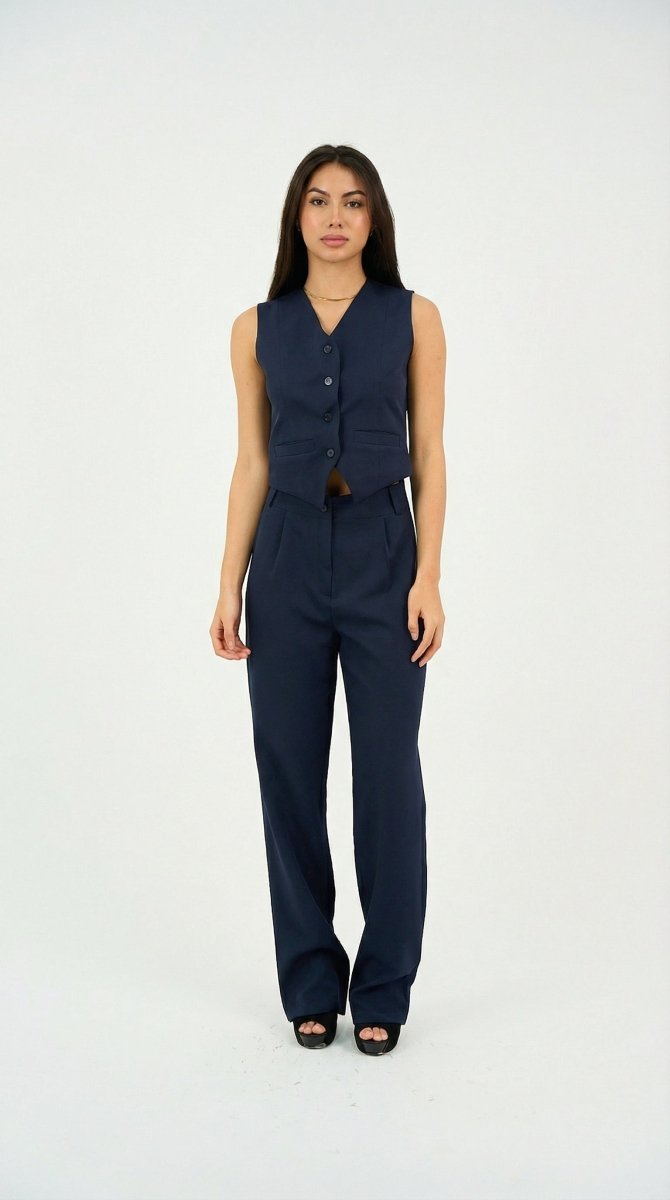 Navy Classic Vest & Pleated Straight Pants Set - Hushy Wear