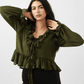 Ruffled Romance V - Neck Blouse – Olive Green - Hushy Wear