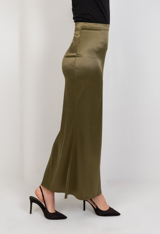 Satin High Waisted Maxi Skirt - Olive - Hushy Wear